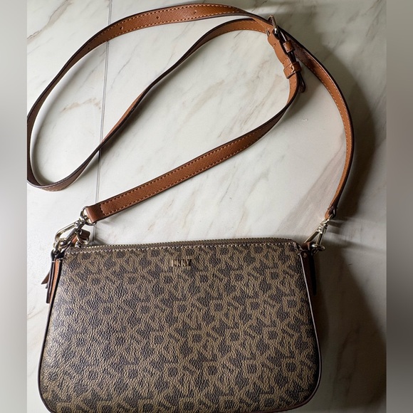 DKNY Brown Monogram Crossbody Bag with Tan Strap - Picture 2 of 5